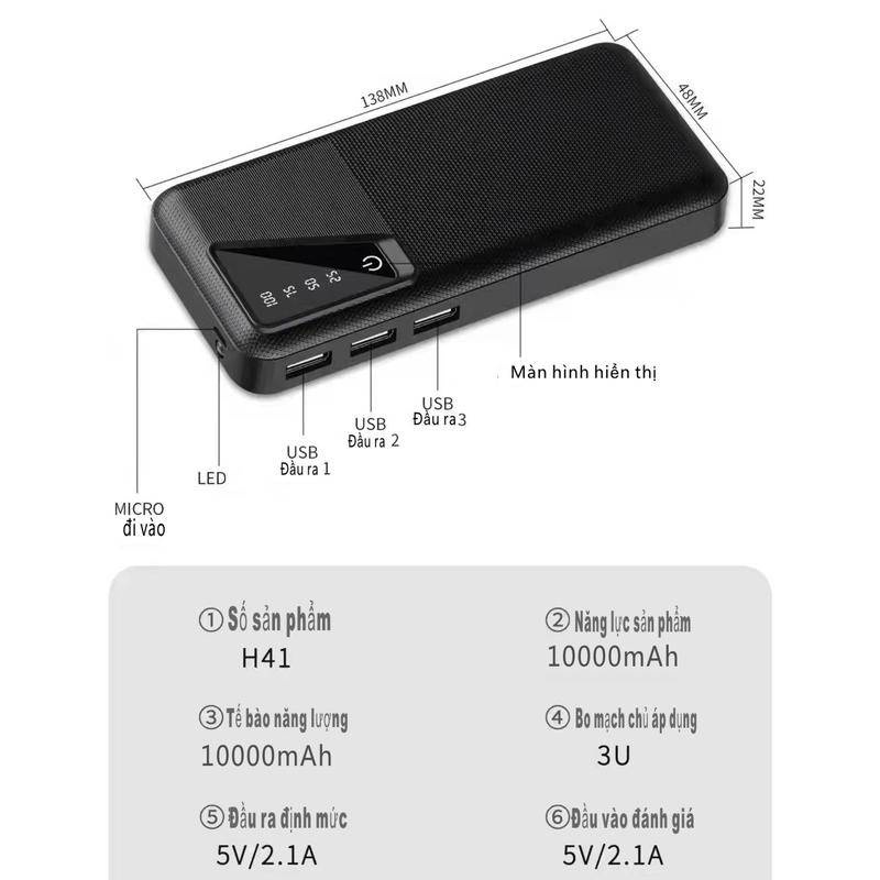 Pin sạc dự phòng  10000mAh Chính Hãng  Bipow Power Bank 3 Cổng sạc Cho iPhone iPad Switch Huawei Samsung Xiaomi OppoVivo