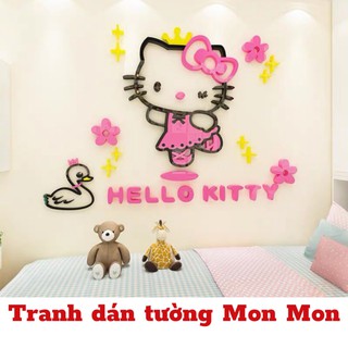 Tranh dán tường Mon Mon - Decal mica 3D hình hello kitty cùng con vịt xinh xắn, trang trí phòng ngủ cho bé gái