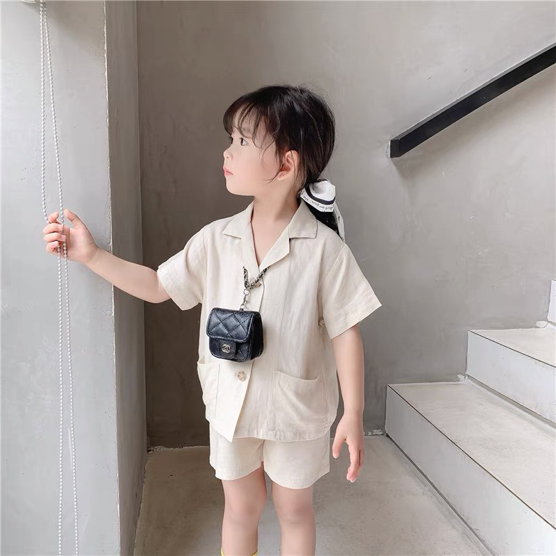 Bộ đũi cổ vest 2 túi vuông bé gái
