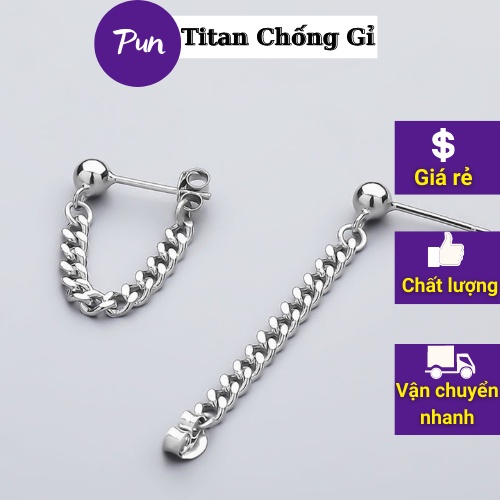 Bông tai Titan chống gỉ phối xích dài phong cách Hàn Quốc -Hoa tai Unisex không Gỉ -HT Small Bạc