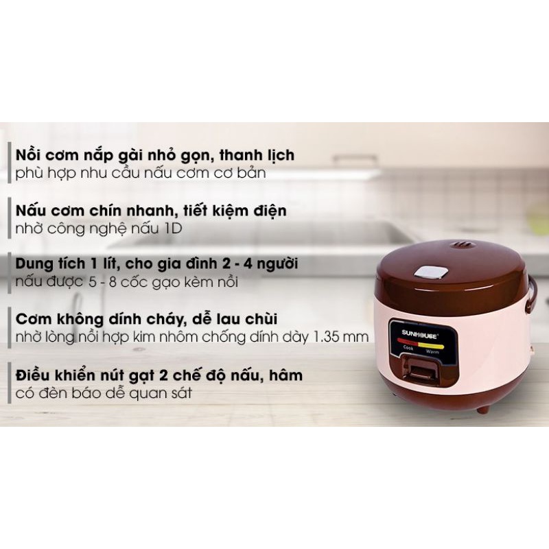 Nồi cơm nắp gài Sunhouse 1 lít SHD8208C -trưng bày 94% - Số Người Ăn 2 - 4 Người Công Suất 400 W