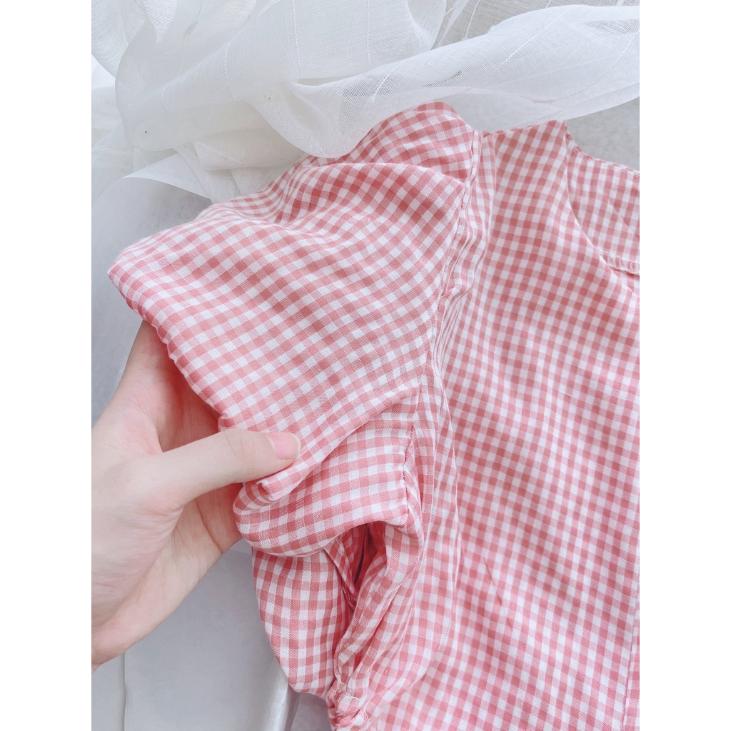 VÁY THIẾT KẾ KẺ CARO HỒNG TRẮNG RÚT EO TAY BỒNG ZARA