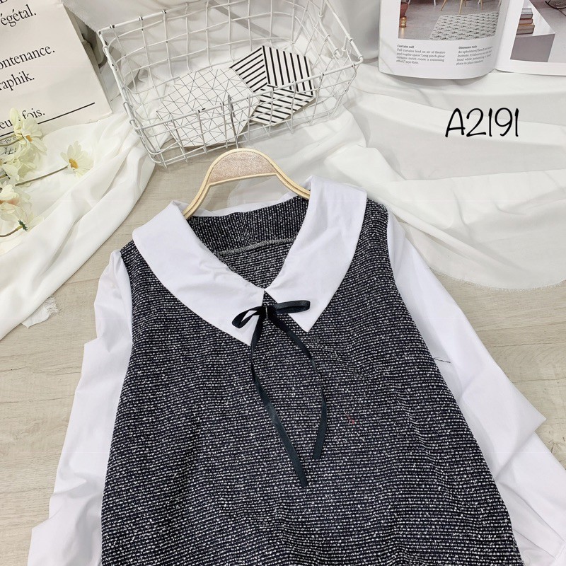 Áo dạ bố cổ sen phối sơmi