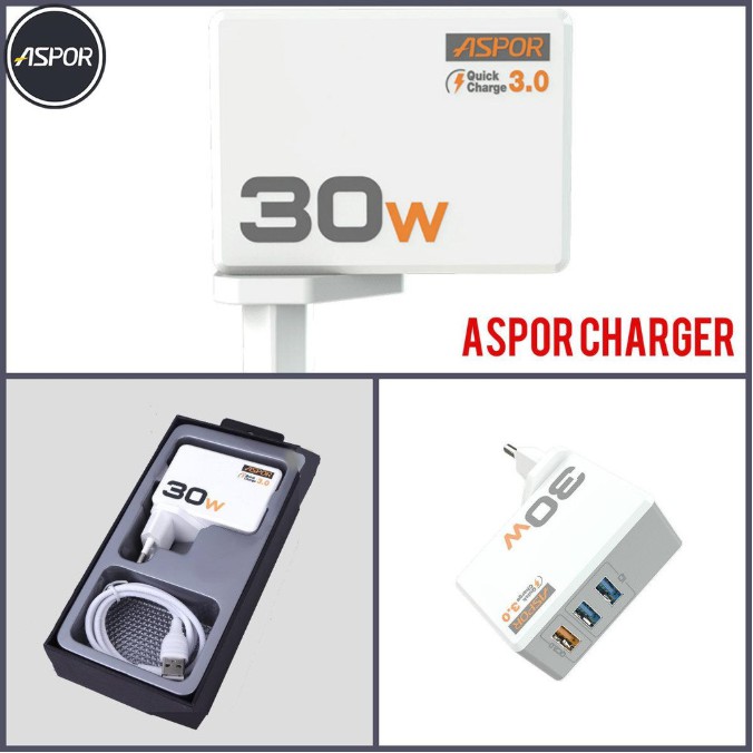 Củ Sạc Nhanh, Phích Cắm Sạc 3 Cổng A858Q ASPOR 30W (sạc siêu nhanh với 3 cổng USB)