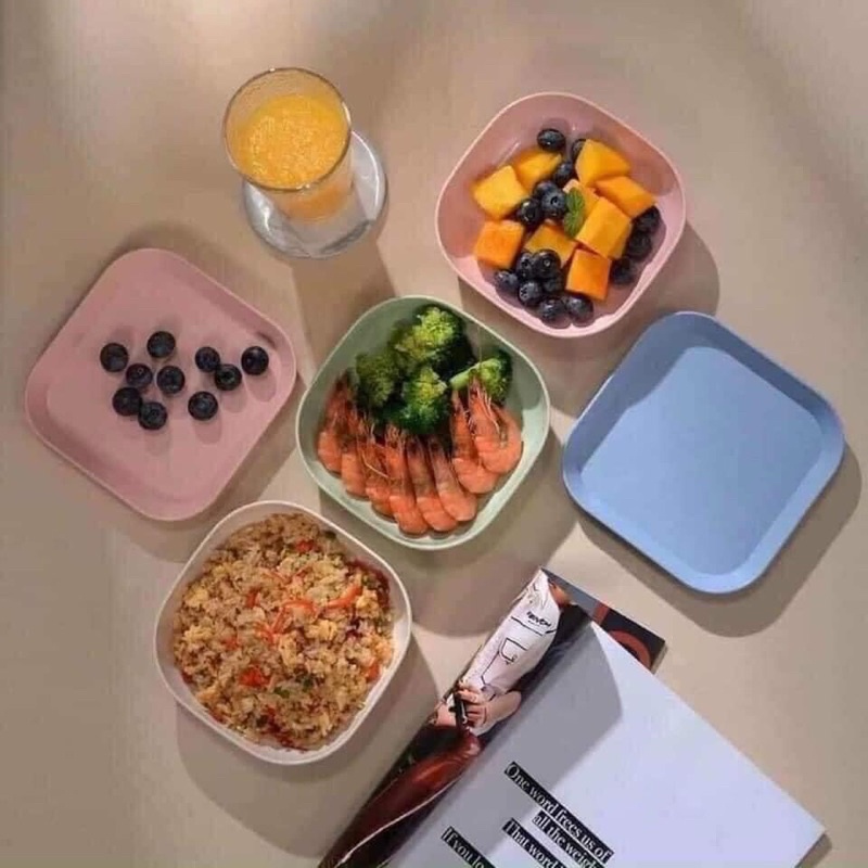 Set 8 Đĩa Lúa Mạch Vuông Màu Pastel (4 Đĩa Nông, 4 Đĩa Sâu)