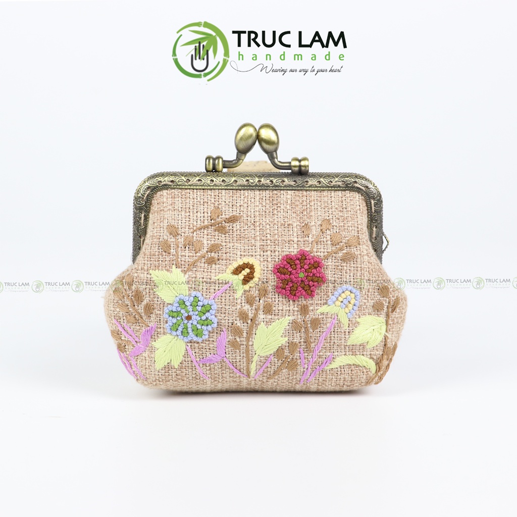 Ví Xu Cầm Tay Mini Khóa Nẹp Đồng Vải Gai Thêu Tay Họa Tiết Hoa Cỏ - Trúc Lâm Handmade