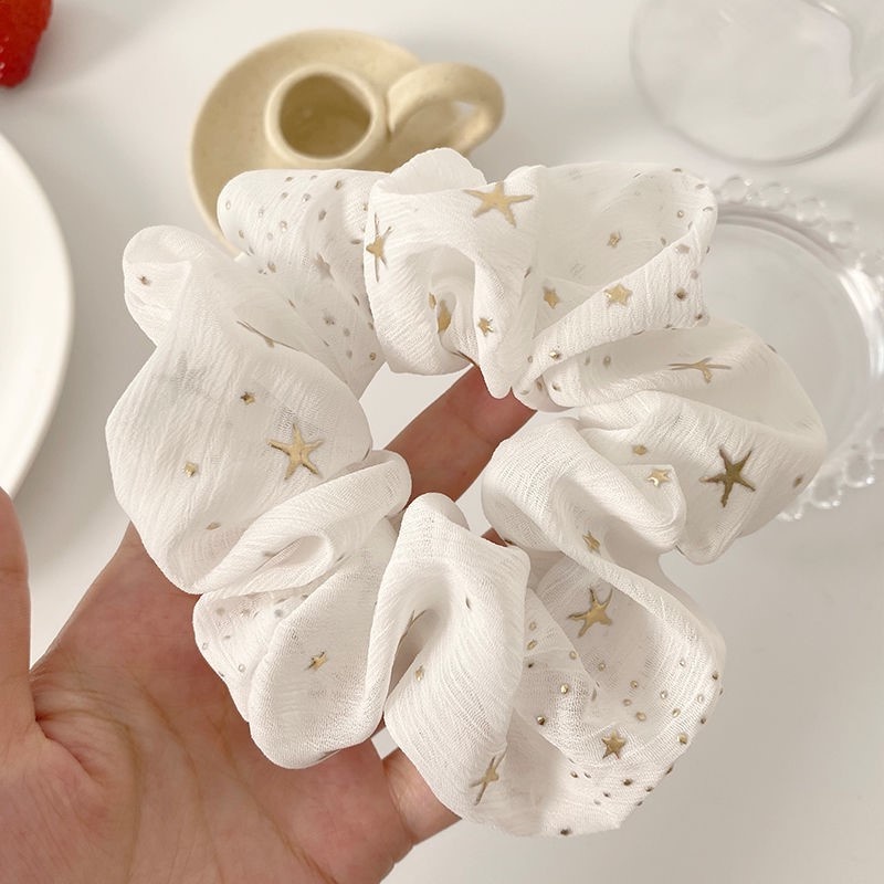 Dây Buộc Tóc Vải Sọc Ca Rô/Dây Buộc Tóc Cỡ Lớn Đính Kim Sa Lấp Lánh Xinh Xắn Cho Nữ