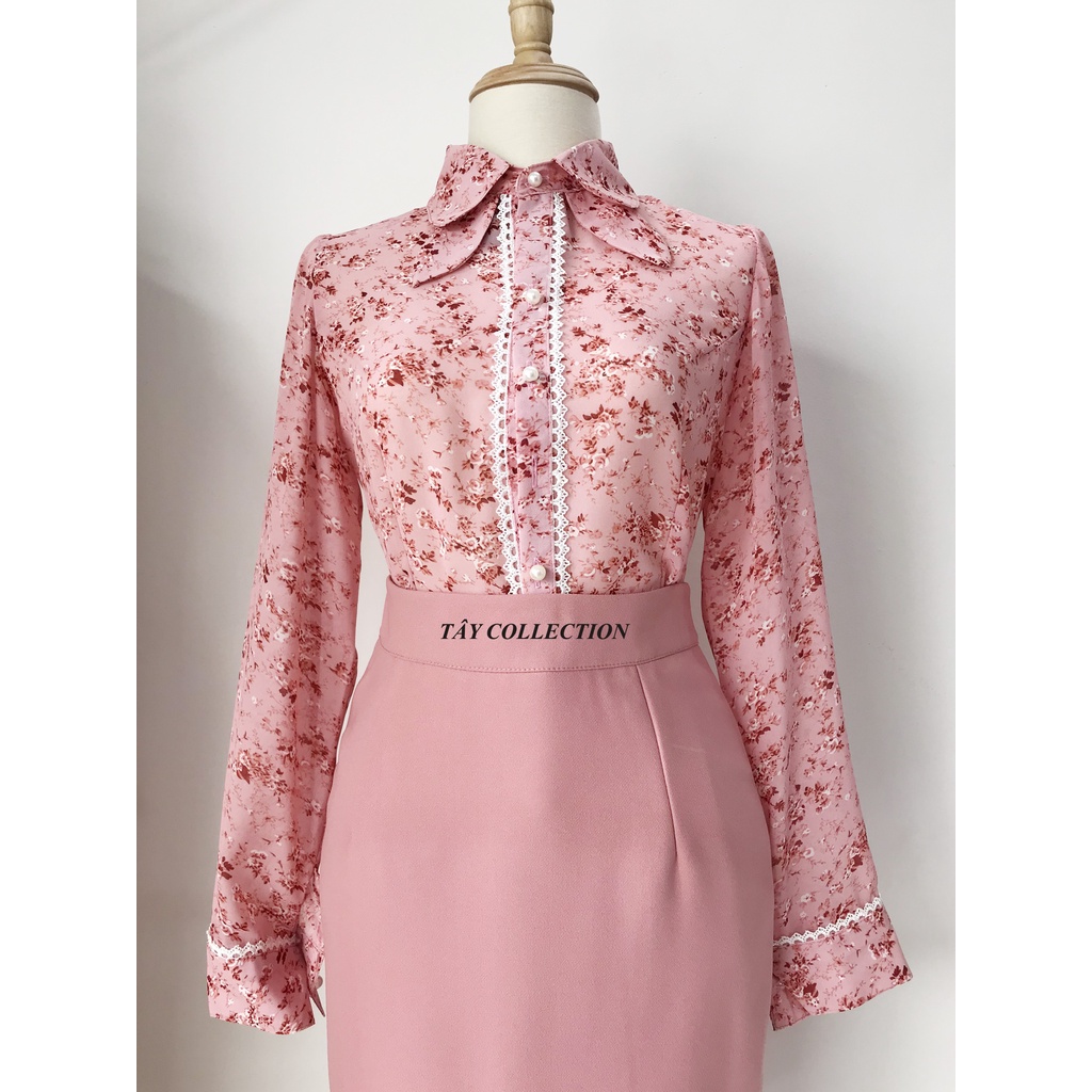 Áo sơ mi Chiffon Hàn Quốc hoa nhí phối ren dài tay thiết kế Tây Collection