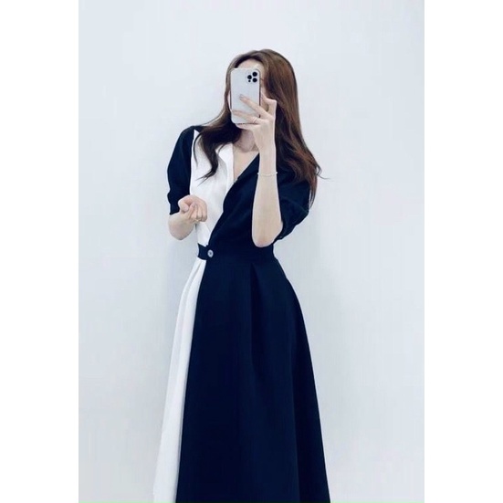 Đầm váy freesize sơ mi phối trắng form dài 2 màu
