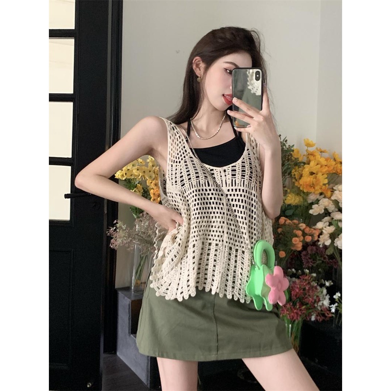 VN768 JinYi Áo hai dây nữ len đan móc phối đồ điệu đà vintage đáng yêu đi biển đi chơi đi du lịch hàng Quảng Châu