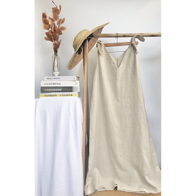 Đầm suông dài vai thắt nơ vải Linen