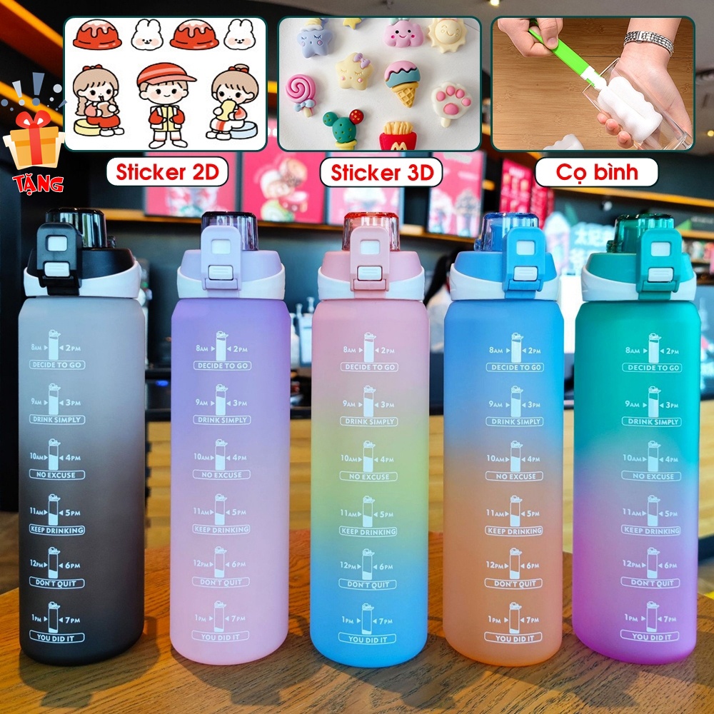 Bình Nước Cho Bé Đi Học 1 Lít BN/03 Có Ống Hút Chia Vạch Báo Giờ Uống Nước Cute Giá Rẻ Cho Trẻ Em Người Lớn Đạp Xe Gym