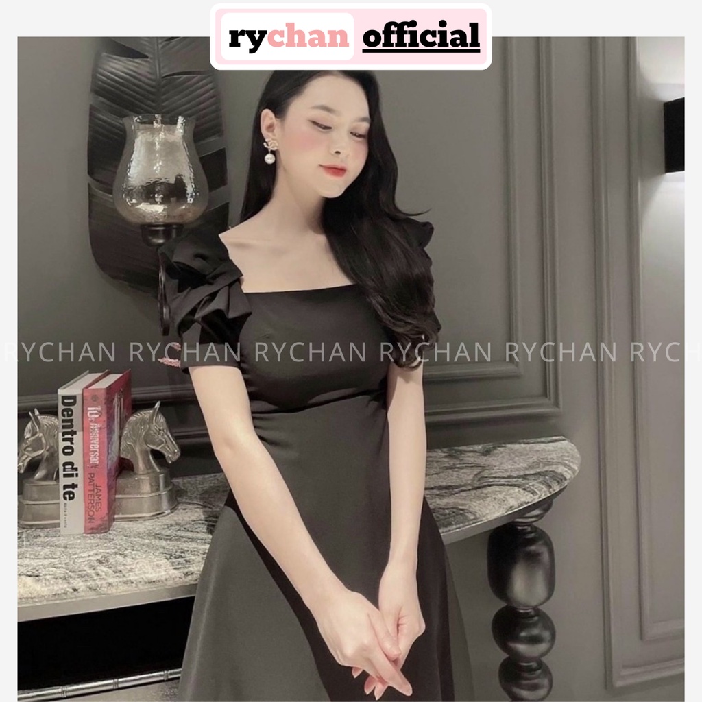 Đầm Nữ Dự Tiệc Dáng Dài Cổ Vuông Tay Phống Nhún Bo Eo Xếp Nơ Sang Chảnh Màu ĐenTrắng - DX9863