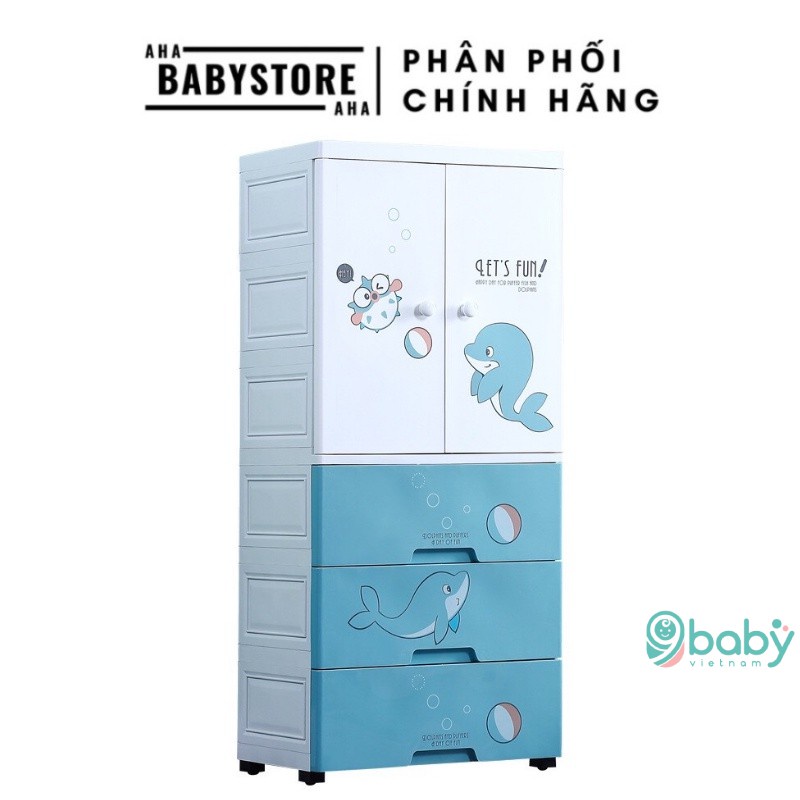 Tủ nhựa 4 tầng cao cấp có bánh xe KUB / 9BABY mẫu cá heo xanh