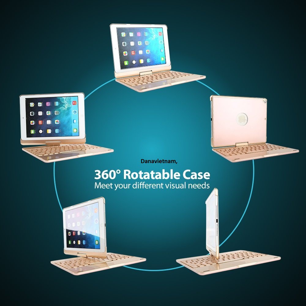 Bàn phím Bluetooth F180 xoay 360 độ cho iPad New 2017/ iPad Pro 9.7/ iPad Air/ iPad Air 2- tặng đèn USB siêu sáng(Gold)