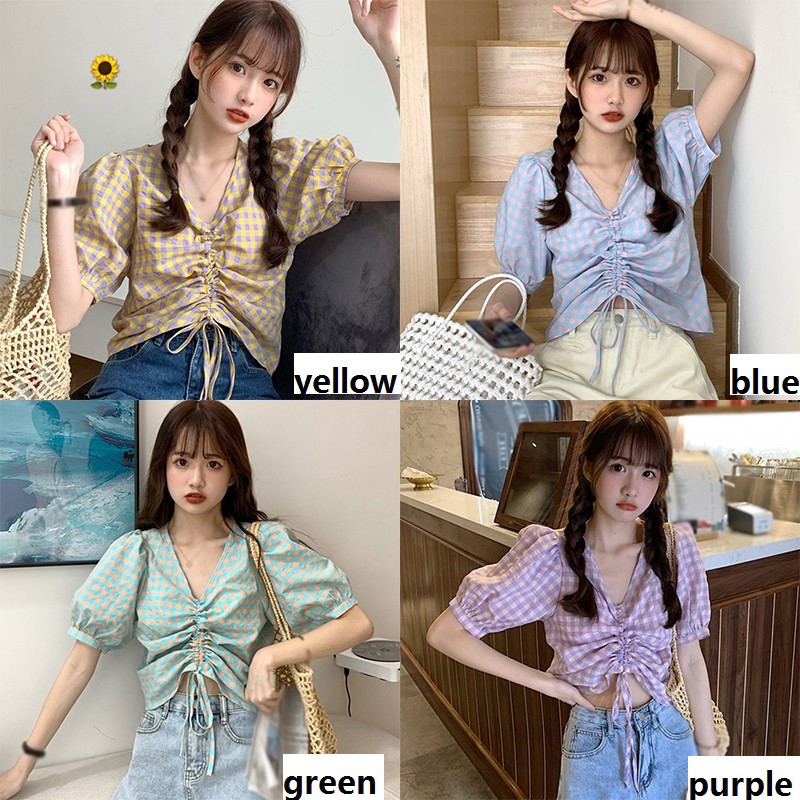 Áo sơ mi tay phồng cổ chữ V họa tiết sọc caro thời trang cho nữ