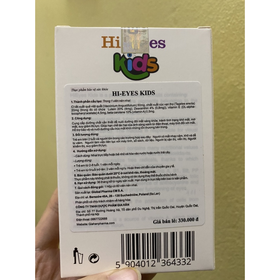 [Tặng quà]Viên nhai bổ mắt Hi - Eyes Kids , hạn chế tình trạng suy giảm thị lực, bảo vệ mắt - nk chính hãng 60 viên
