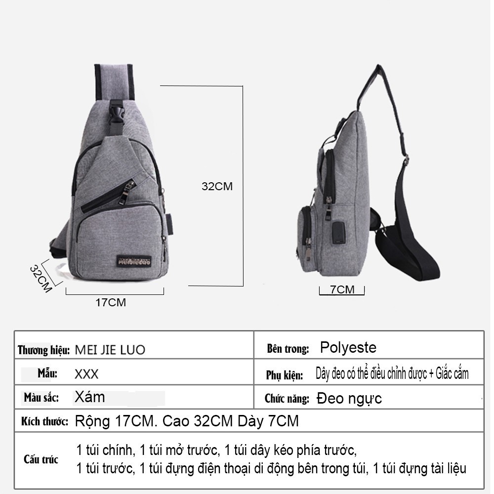 [Bibbe Shop]Túi vải đeo ngực nam kèm dây cắm USB | BigBuy360 - bigbuy360.vn