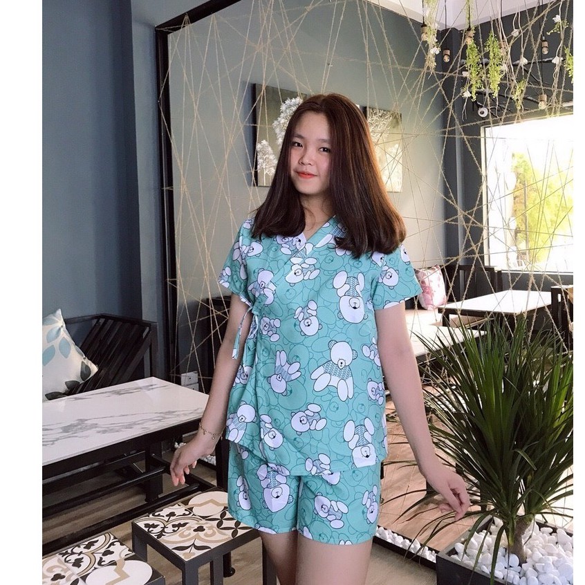 Bộ Kimono Cộc Tay PEONYB Nữ [FREESHIP]  Set pijama buộc nơ in hình cute, quần áo ngủ mặc ở nhà, mùa hè Ulzzang HOT