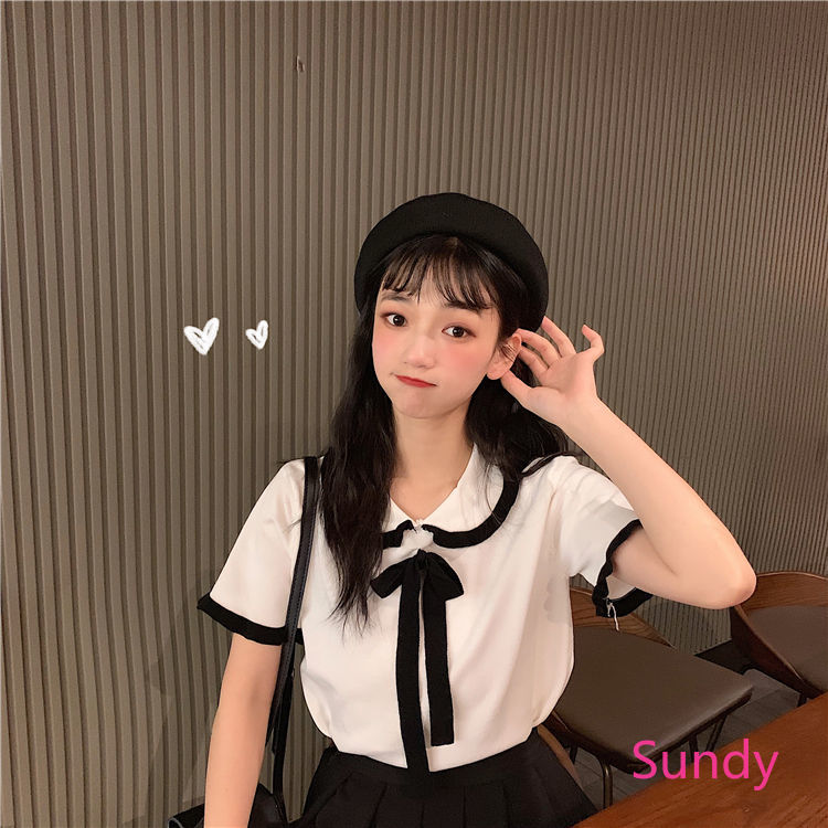 Áo Dệt Kim Tay Ngắn Dáng Rộng Phối Nơ Xinh Xắn Dành Cho Nữ