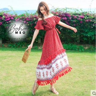 Váy đỏ boho chân trắng viền tua rua (có ảnh chụp thật sp)