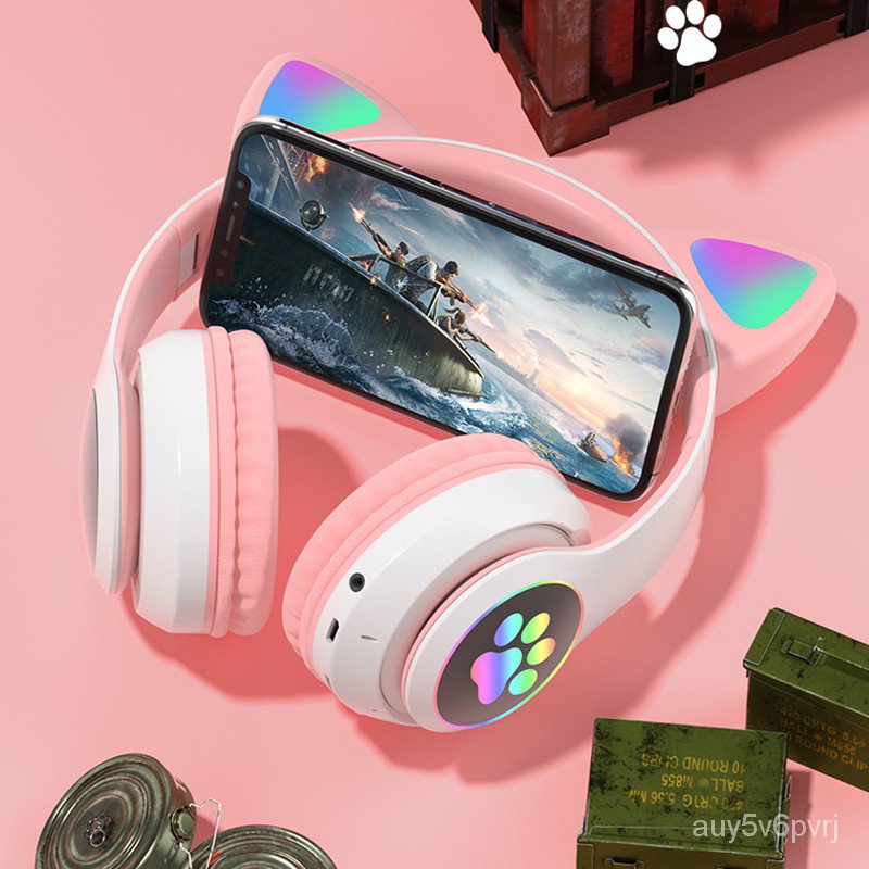 Tại ChỗTai Nghe Mèo Bluetooth không dây hồng tím tai nghe blutooth V5.0 Chơi Game Hình Tai chụp tai có mic Đáng Yêu Kèm