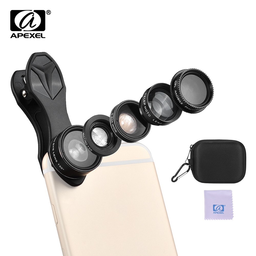 Bộ Lens Góc Rộng 198 5 Trong 1 Apexel Apl-dg5h 198 Cho Điện Thoại Iphone Samsung Huawei Xiaomi