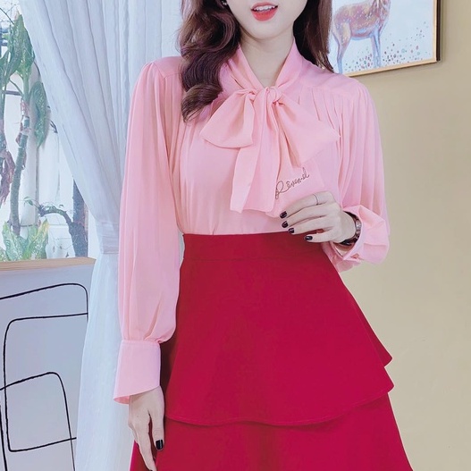 Áo sơ mi tay dài vải chiffon cổ thắt nơ in chữ Revenel CHUU A6998