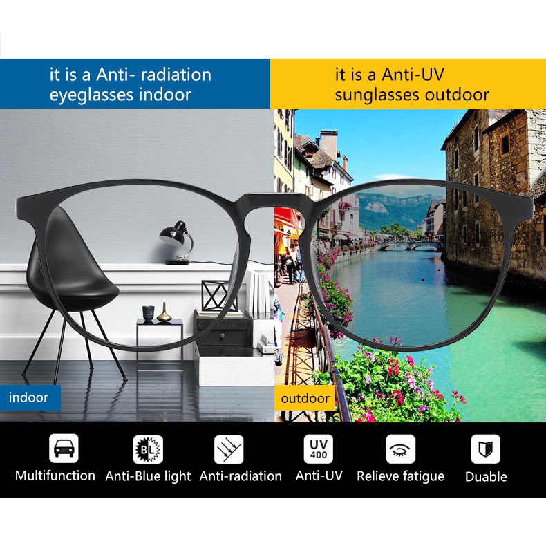 Kính Blue Light Anti-radiation Photochromic Eyeglasses TR90 Round Frame Sunglasses