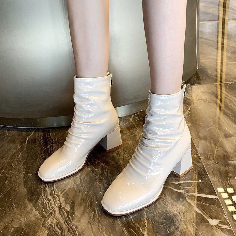 Giày Bốt nữ thời trang da bóng nhăn cổ cao khóa sau, giày boots ulzzang gót trụ 7 phân