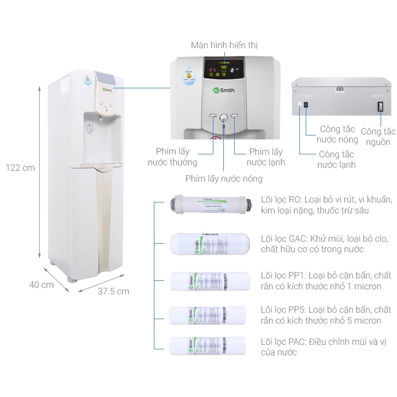 [Lắp đặt toàn quốc] Máy lọc nước A.O. Smith RO ADR75-V-ET-1 ( Có chức năng nóng - lạnh )