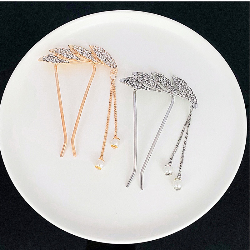 Trâm cài tóc hình chữ U thiết kế hình cánh tua rua đính ngọc trai giả bằng kim loại sang trọng thời trang