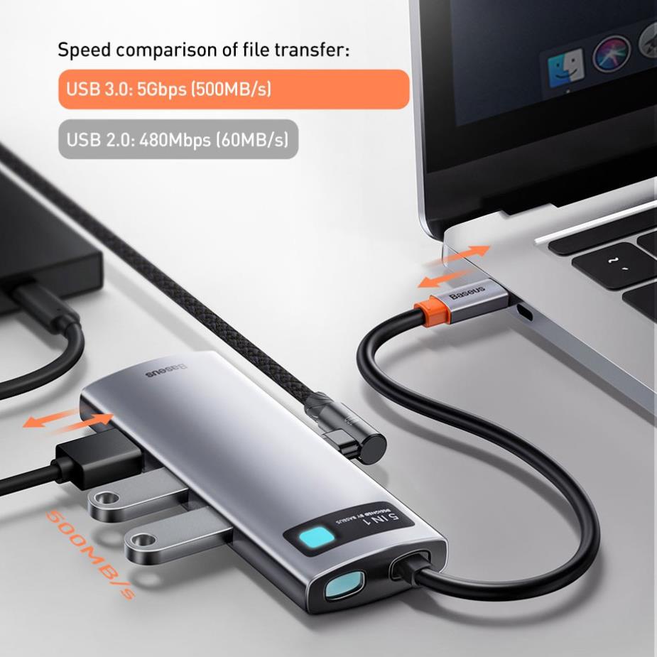 Bộ USB Hub type C Baseus Gleam 5 in 1 mở rộng USB 3.0, HDMI 4K cho laptop, và điện thoại | BigBuy360 - bigbuy360.vn