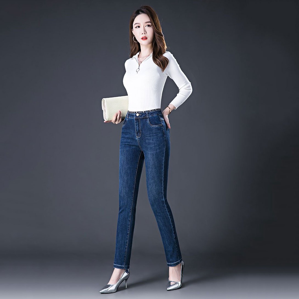 Quần Jean Nữ Cạp Quần Có Thêu Chữ Love Chất Đẹp Co Giãn 4 Chiều vải Dày Dặn