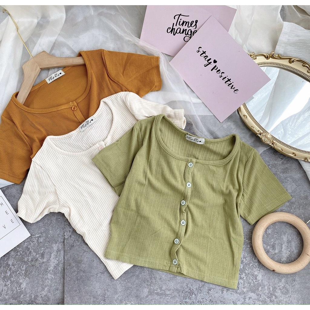 Áo thun croptop  gân cài nút áo chất thun mướt mịn mát lạnh co giãn