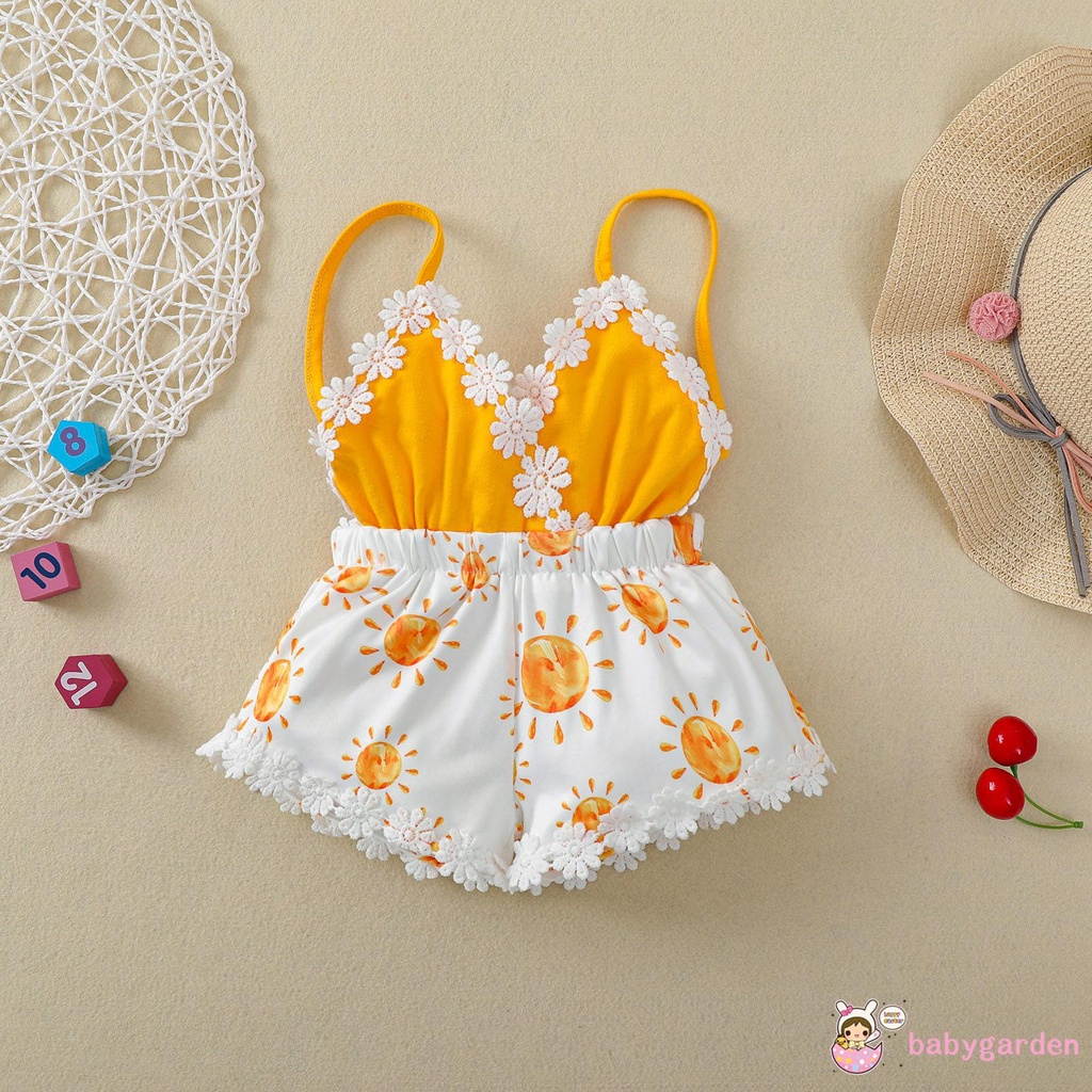 Áo liền quần không tay cổ chữ V in hình hoa hướng dương cho bé gái