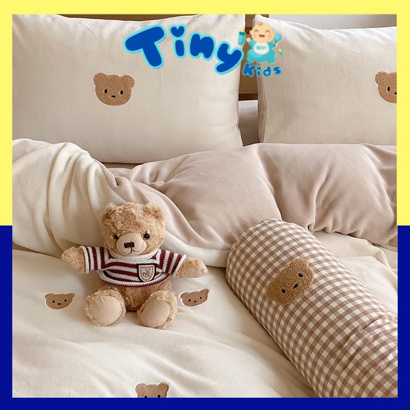 Bộ chăn ga gối Nỉ nhung mịn Hàn Quốc Hình Gấu Teddy Set 4 món cao cấp - Tiny Kids
