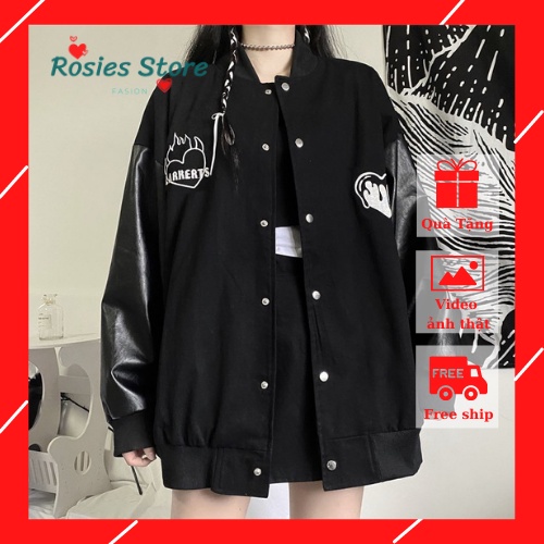 Áo Bomber Phối Tay Da Heart - Form Rộng Unisex, Hàng Loại 1, Hot Trend