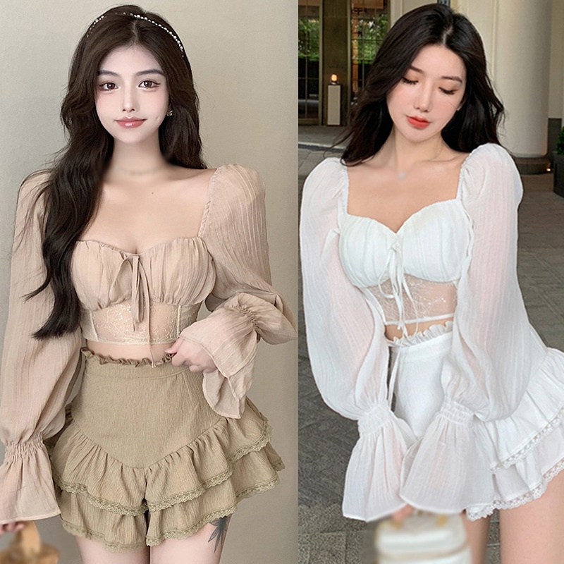 Áo croptop vải voan dài tay cổ vuông màu trơn phối ren quyến rũ thời trang cho nữ