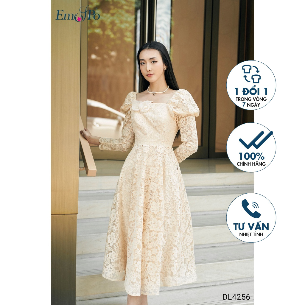 Đầm ren xòe Emspo vai bồng, kéo khóa sau DL4256