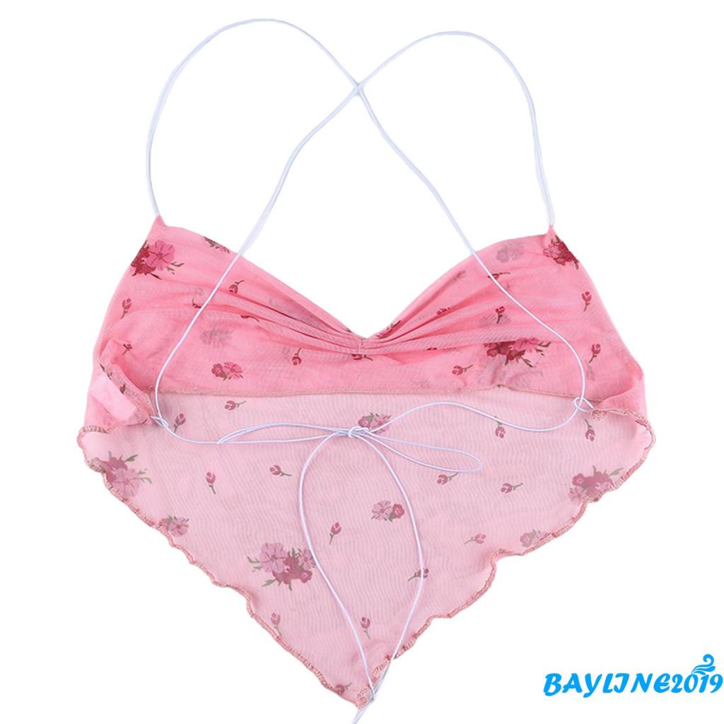Áo croptop kiểu yếm hai dây phối lưới in hoa thiết kế dây đan chéo sau lưng quyến rũ cho nữ