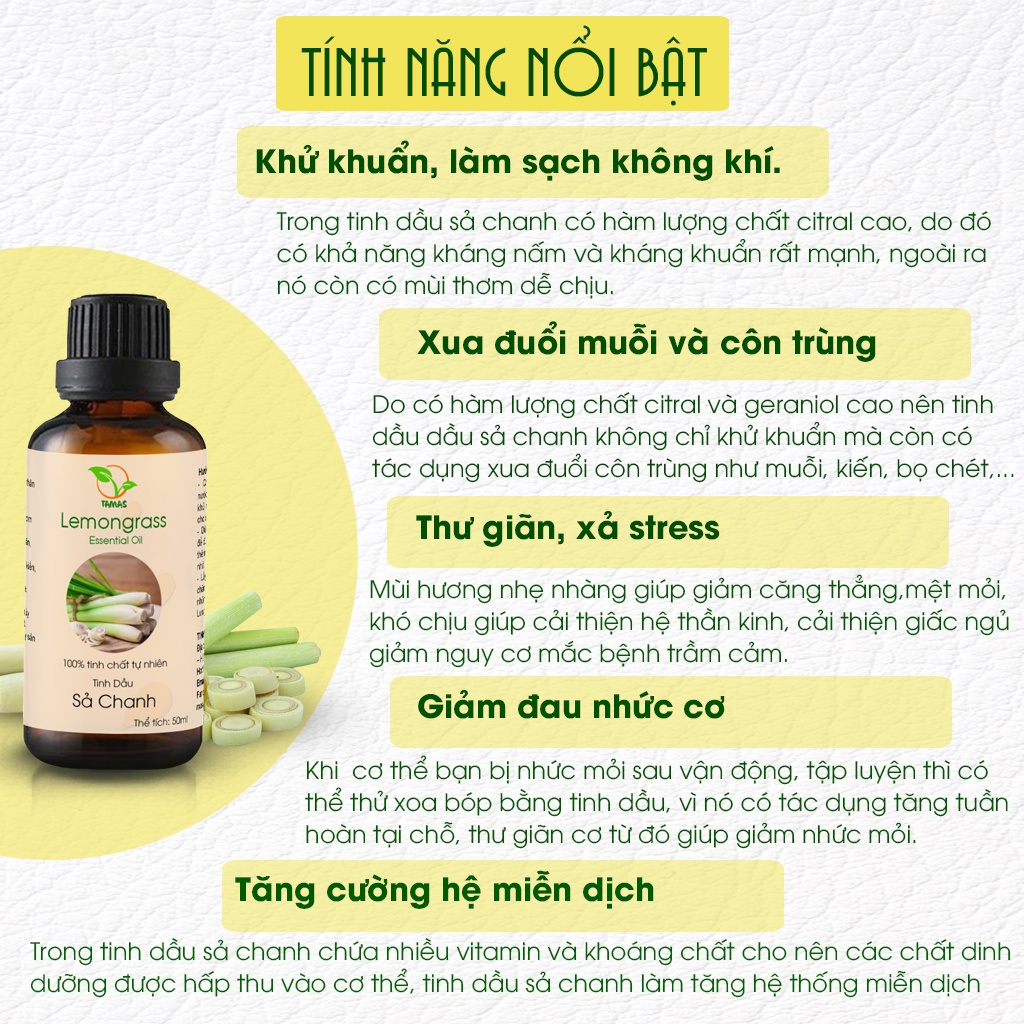 Tinh Dầu Sả Chanh Nguyên Chất TAMAS 50ml - Tinh Dầu Đuổi Muỗi - Thơm Phòng