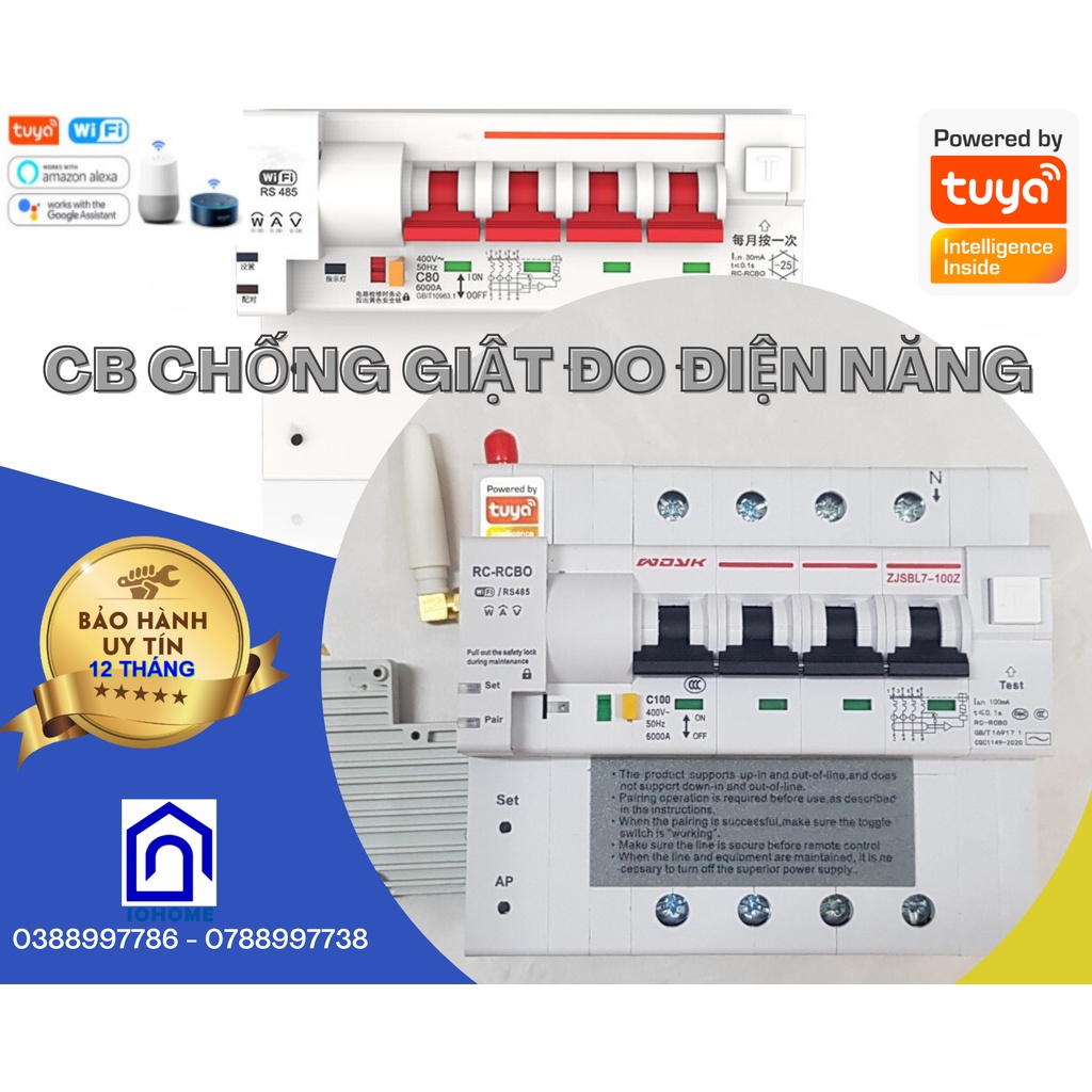 Aptomat cầu dao tổng RCBO CB thông minh wifi đo điện năng, chống giật, App Smart life Tuya,  63A - 2P, 100A - 4P- 2P