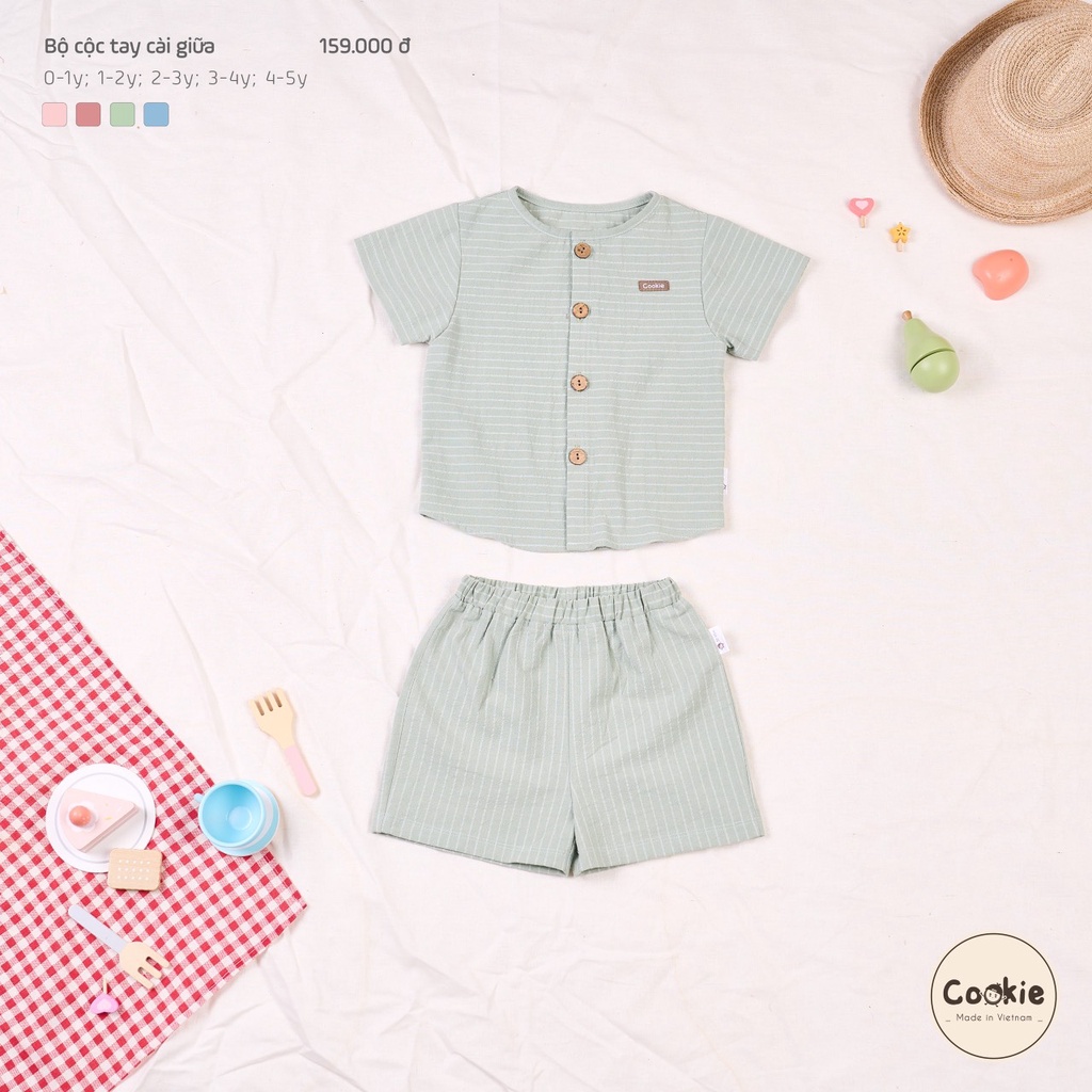 Bộ cộc tay cài giữa Cookie cho bé trai bé gái mùa hè mát mẻ cao cấp