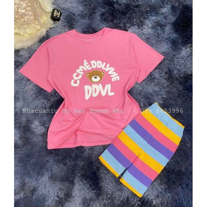 Set thun gấu + quần tăm sọc sắc màu form ngố