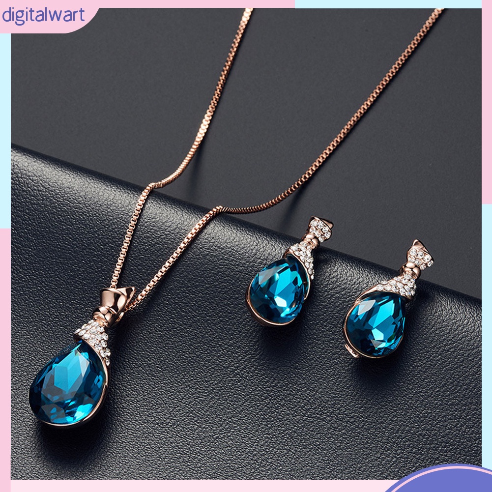 Bộ Vòng cổ + Bông Tai Đính Đá Hình Giọt Nước Cho Nữ