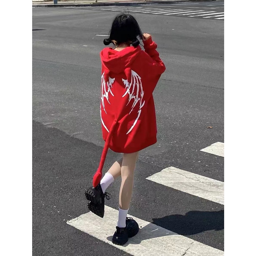 Áo Hoodie Lót Lông Cừu Dày Dặn In Hình Ác Quỷ Dễ Thương Ngọt Ngào Cho Nữ