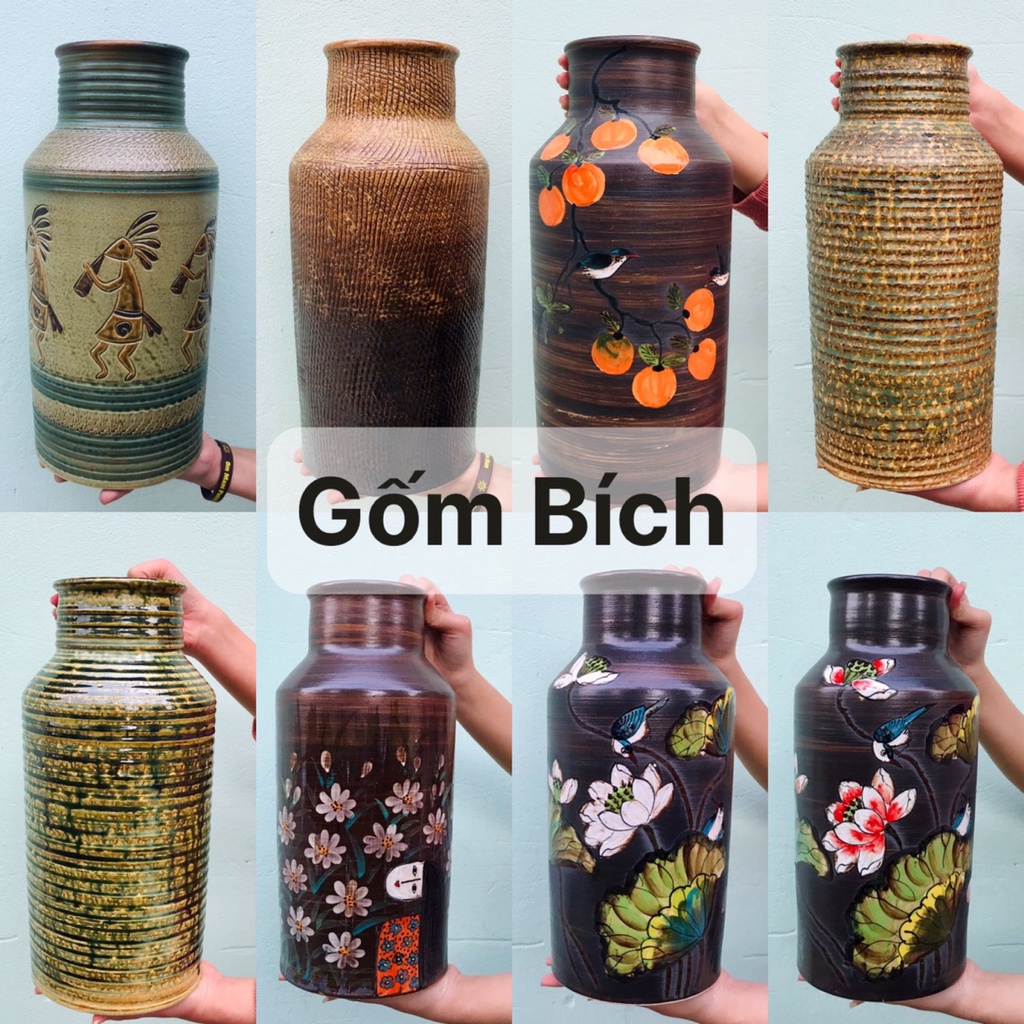 Bình Hoa Lọ Hoa Gốm Dáng Chai Size Đại Men Mộc Gốm Sứ Bát Tràng - Gốm Bích