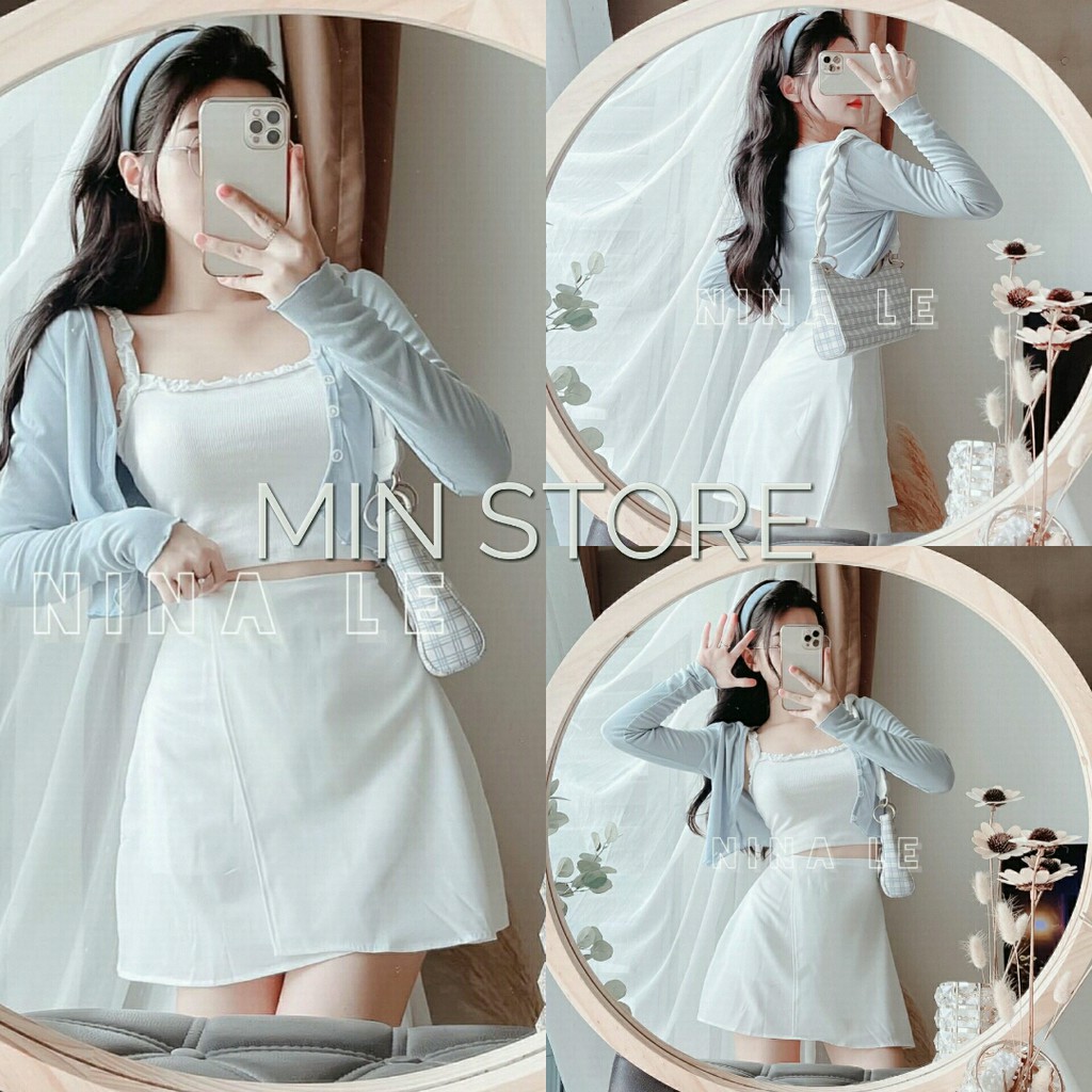 Set váy 3 món nữ gồm áo khoác nhẹ cadigan kèm áo 2 dây ôm body và chân váy ngắn_minstore