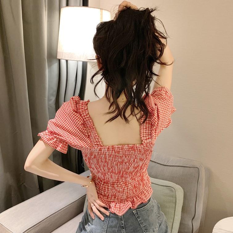 Áo sơ mi tay ngắn hở lưng dáng ôm sọc ca rô thời trang hè cá tính cho nữ